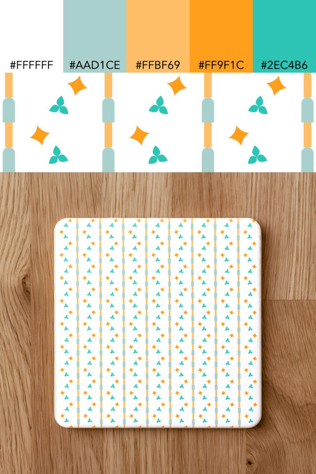 the colors one tropical-delight tile is drawn in, with their hex codes, and the tile printed on a coaster
