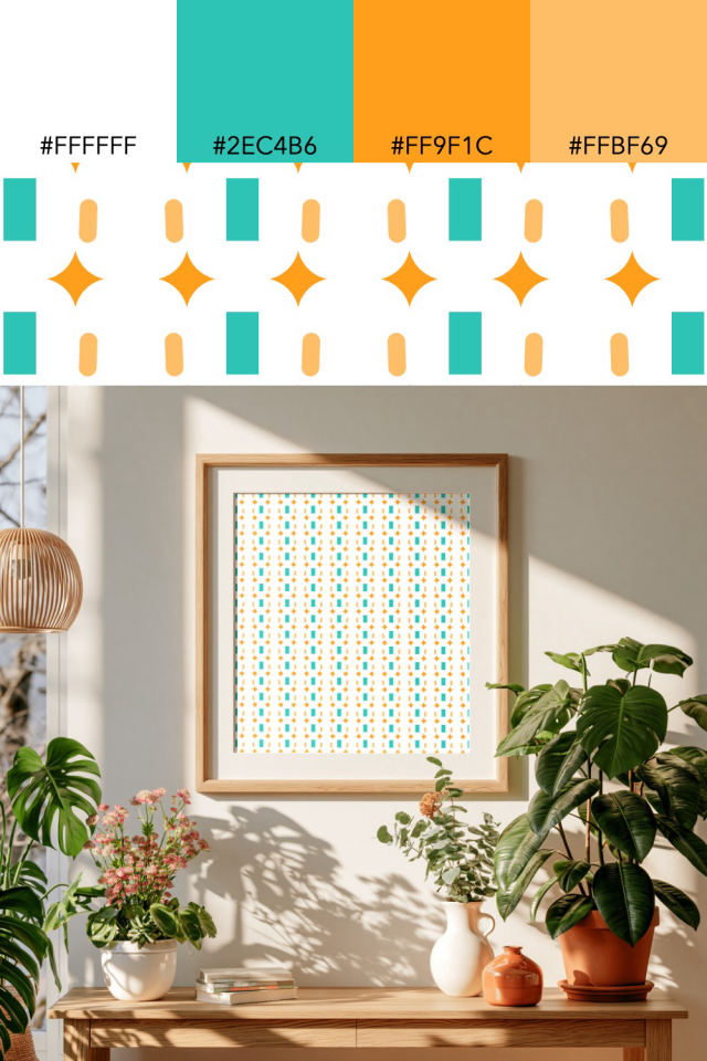 the colors one tropical-delight tile is drawn in, with their hex codes, and the tile printed on a frame