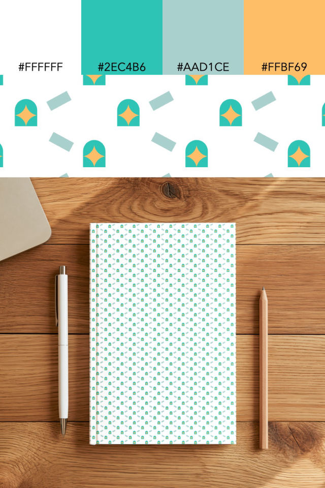 the colors one tropical-delight tile is drawn in, with their hex codes, and the tile printed on a notebook