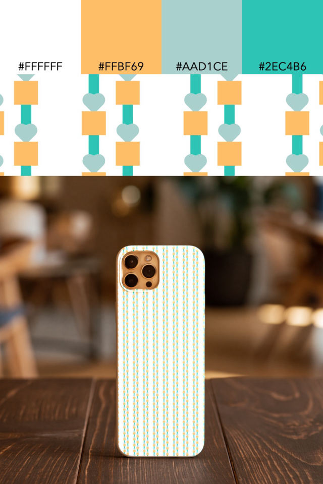 the colors one tropical-delight tile is drawn in, with their hex codes, and the tile printed on a phone case