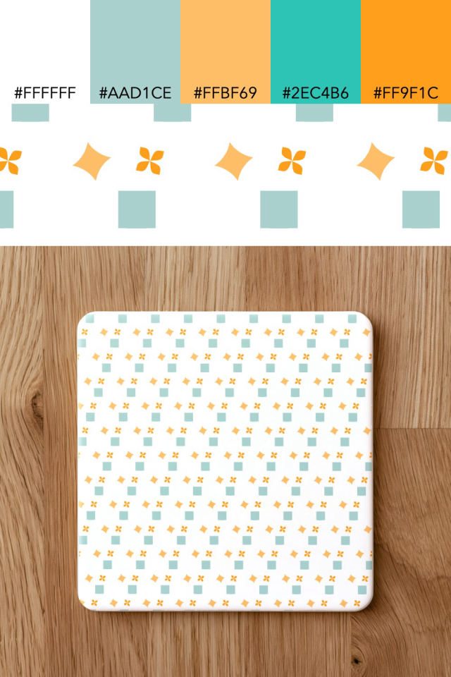 the colors one tropical-delight tile is drawn in, with their hex codes, and the tile printed on a coaster