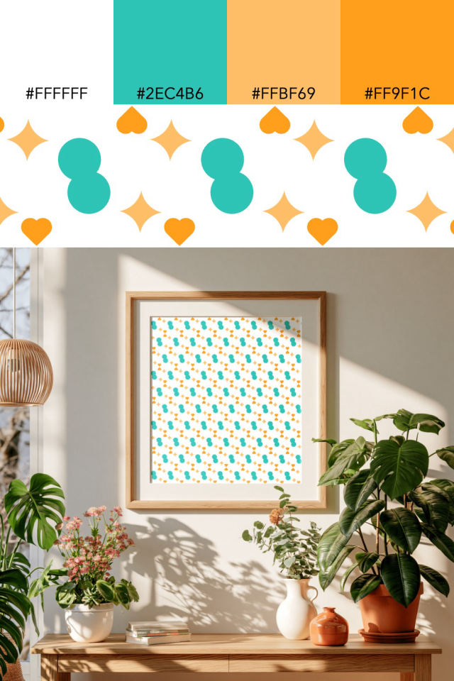 the colors one tropical-delight tile is drawn in, with their hex codes, and the tile printed on a frame