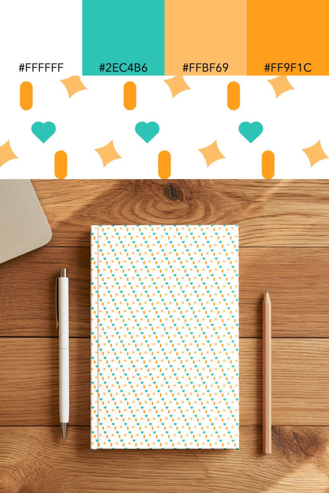 the colors one tropical-delight tile is drawn in, with their hex codes, and the tile printed on a notebook