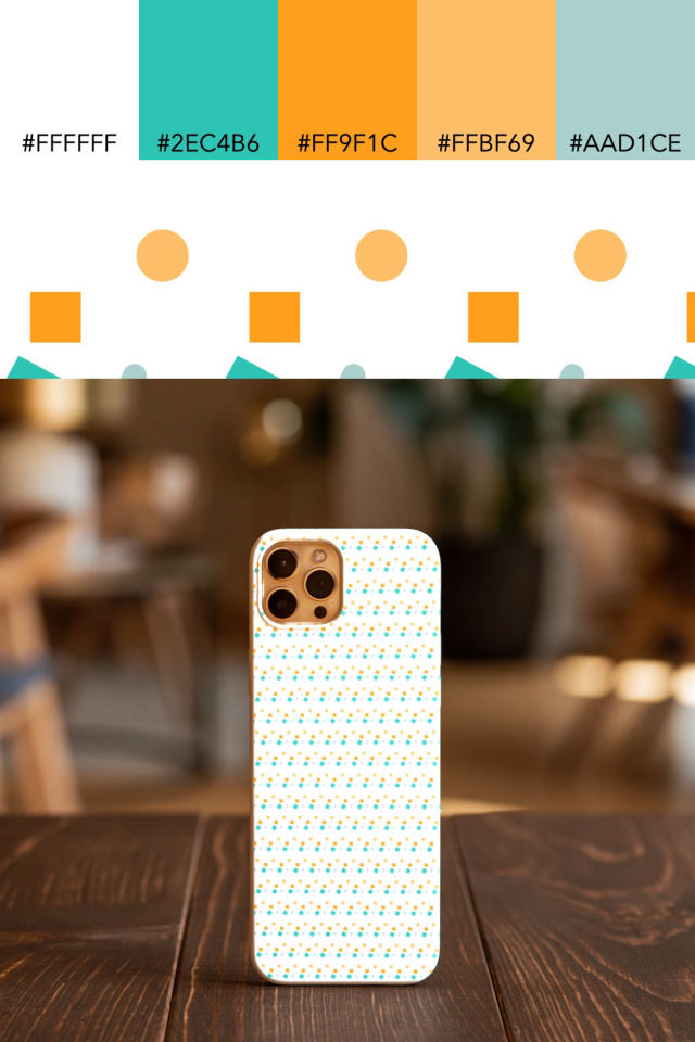 the colors one tropical-delight tile is drawn in, with their hex codes, and the tile printed on a phone case