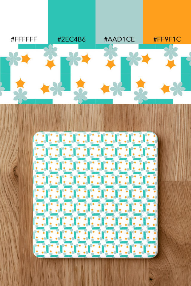 the colors one tropical-delight tile is drawn in, with their hex codes, and the tile printed on a coaster