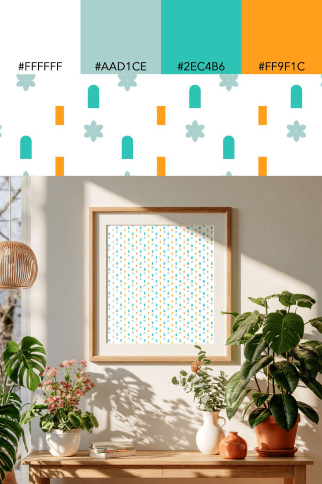 the colors one tropical-delight tile is drawn in, with their hex codes, and the tile printed on a frame