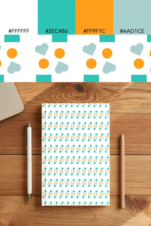 the colors one tropical-delight tile is drawn in, with their hex codes, and the tile printed on a notebook