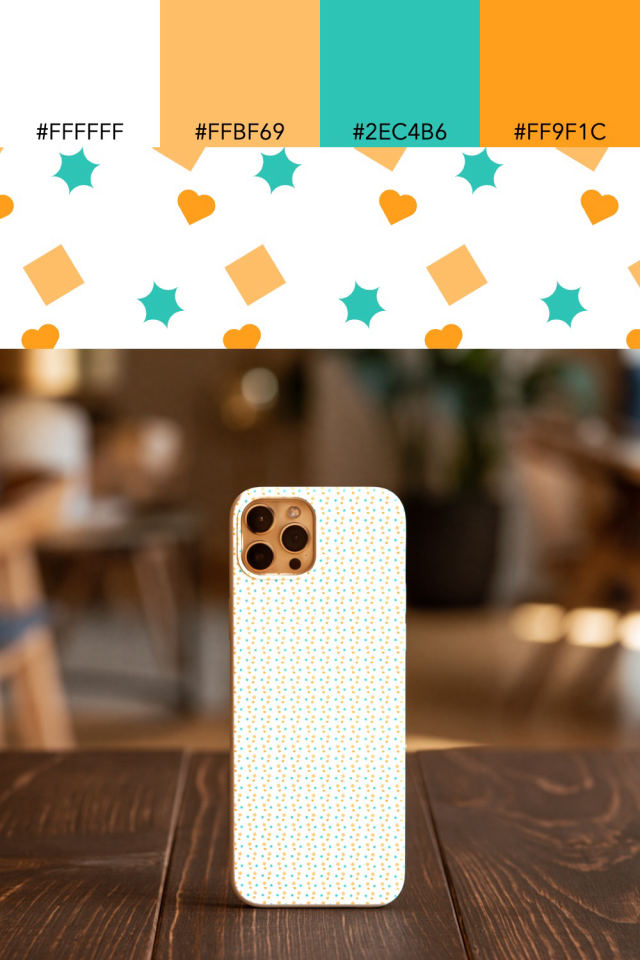 the colors one tropical-delight tile is drawn in, with their hex codes, and the tile printed on a phone case