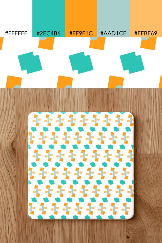 the colors one tropical-delight tile is drawn in, with their hex codes, and the tile printed on a coaster