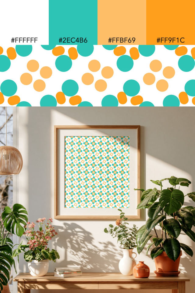 the colors one tropical-delight tile is drawn in, with their hex codes, and the tile printed on a frame