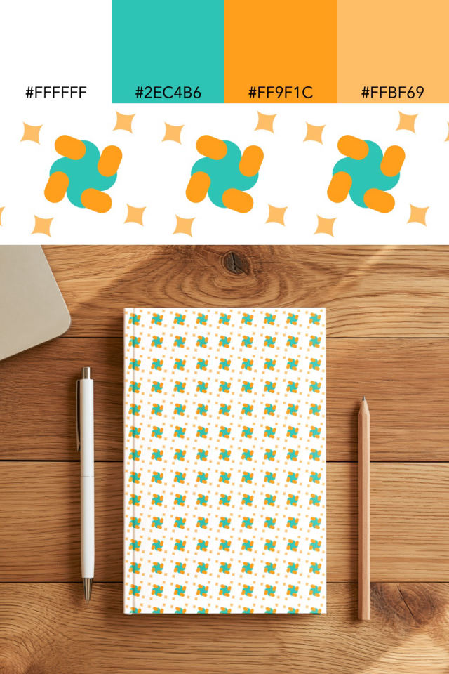 the colors one tropical-delight tile is drawn in, with their hex codes, and the tile printed on a notebook