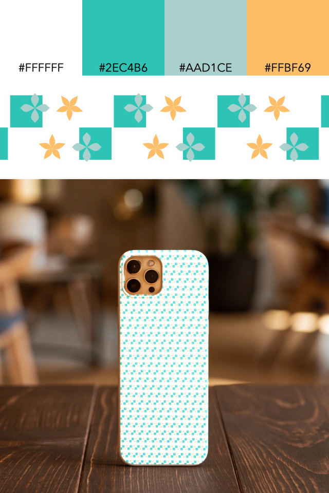 the colors one tropical-delight tile is drawn in, with their hex codes, and the tile printed on a phone case