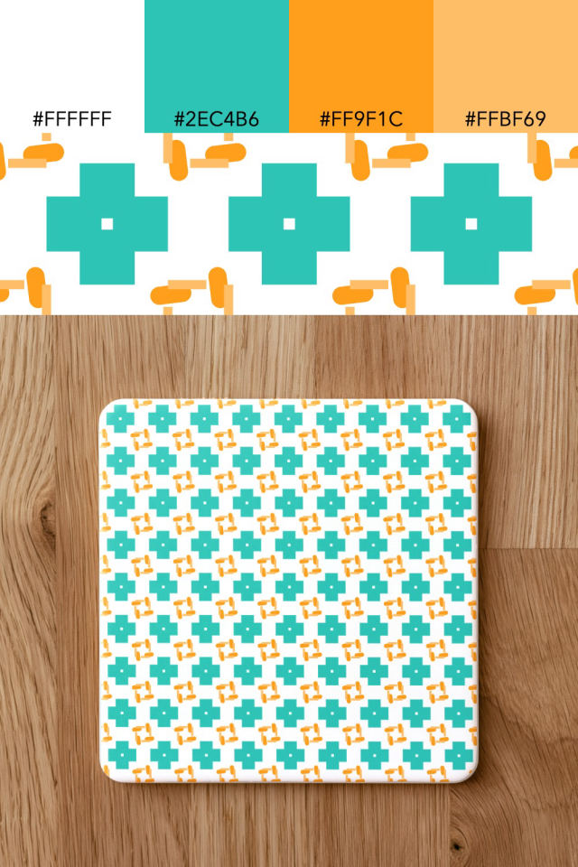 the colors one tropical-delight tile is drawn in, with their hex codes, and the tile printed on a coaster