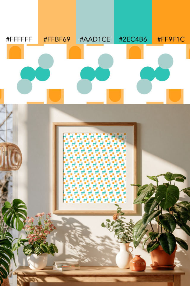 the colors one tropical-delight tile is drawn in, with their hex codes, and the tile printed on a frame