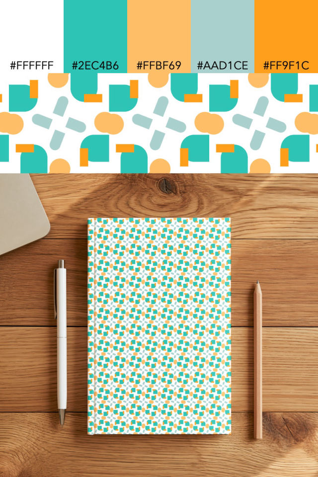the colors one tropical-delight tile is drawn in, with their hex codes, and the tile printed on a notebook