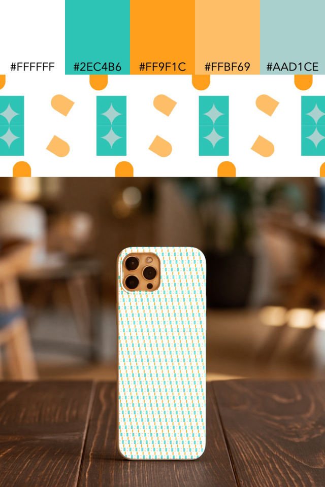 the colors one tropical-delight tile is drawn in, with their hex codes, and the tile printed on a phone case