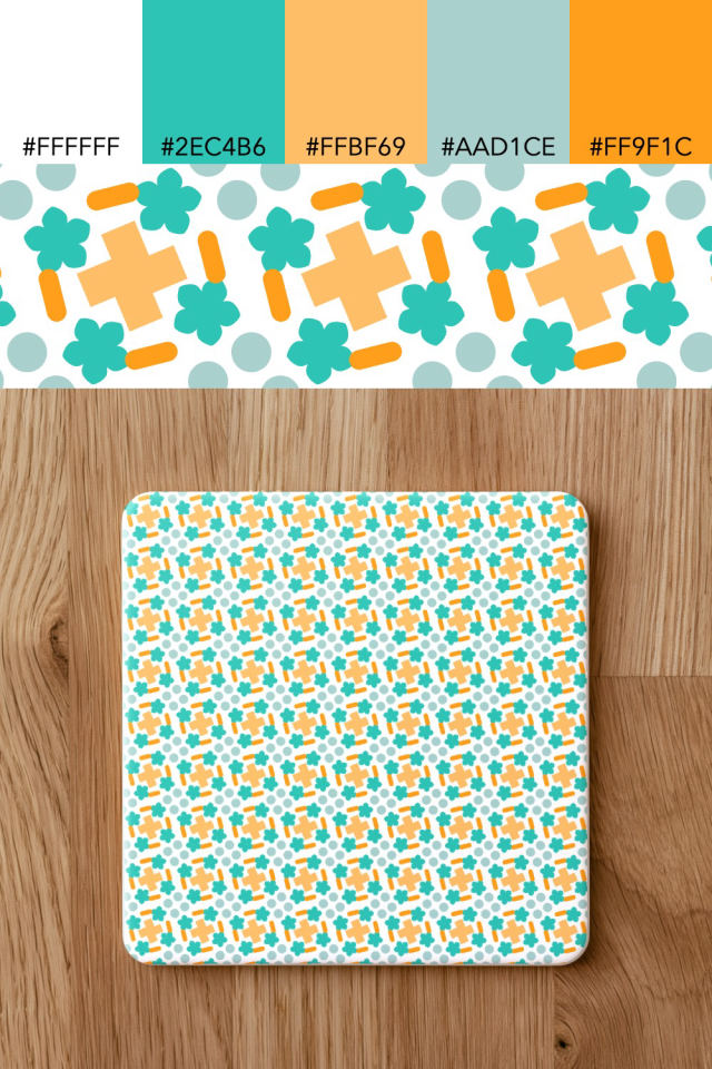 the colors one tropical-delight tile is drawn in, with their hex codes, and the tile printed on a coaster