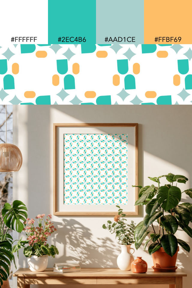 the colors one tropical-delight tile is drawn in, with their hex codes, and the tile printed on a frame