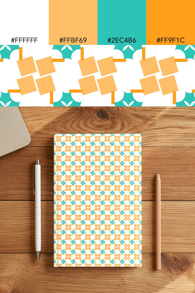 the colors one tropical-delight tile is drawn in, with their hex codes, and the tile printed on a notebook