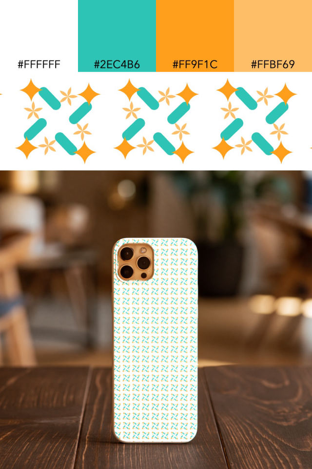 the colors one tropical-delight tile is drawn in, with their hex codes, and the tile printed on a phone case