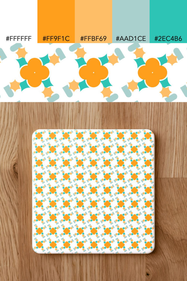 the colors one tropical-delight tile is drawn in, with their hex codes, and the tile printed on a coaster