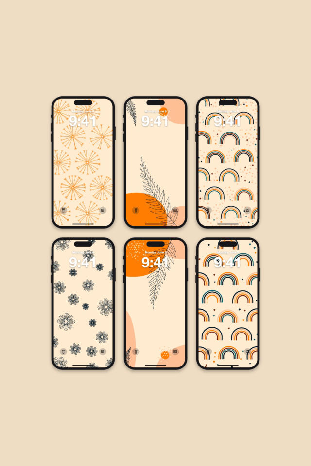6 wallpapers, each on iPhone 17 Pro Max: wallpaper 1, wallpaper 2, wallpaper 3, wallpaper 4, wallpaper 5 and wallpaper 6