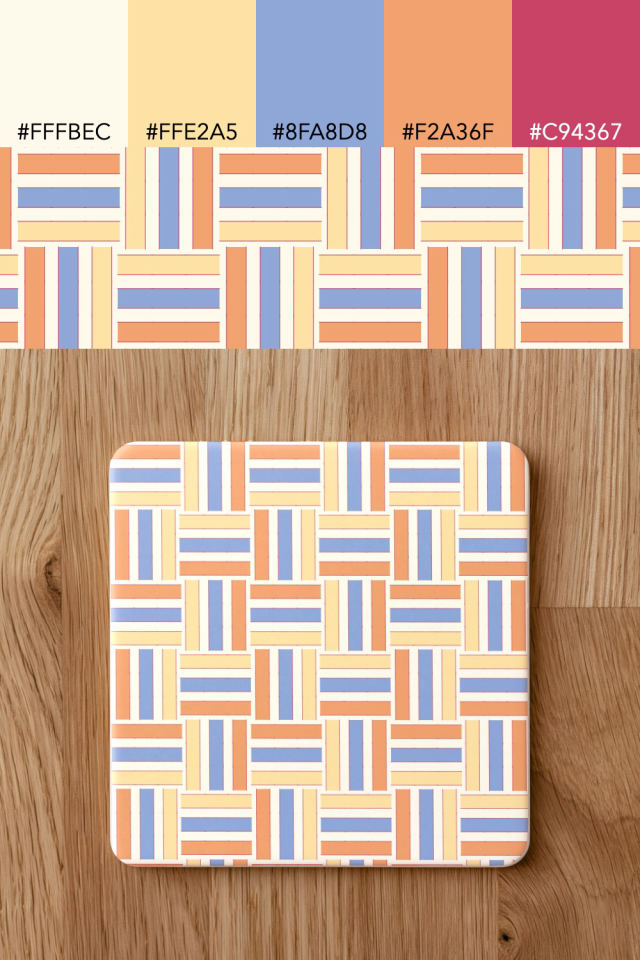 the colors one peachy-rose tile is drawn in, with their hex codes, and the tile printed on a coaster