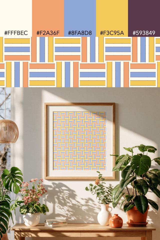the colors one peachy-rose tile is drawn in, with their hex codes, and the tile printed on a frame