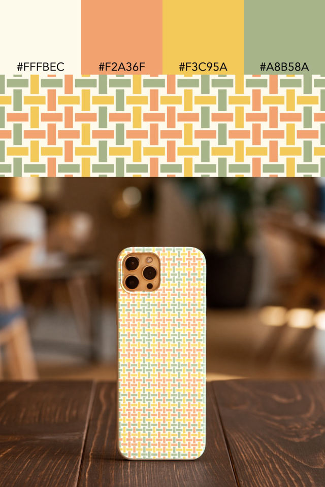 the colors one peachy-rose tile is drawn in, with their hex codes, and the tile printed on a phone case