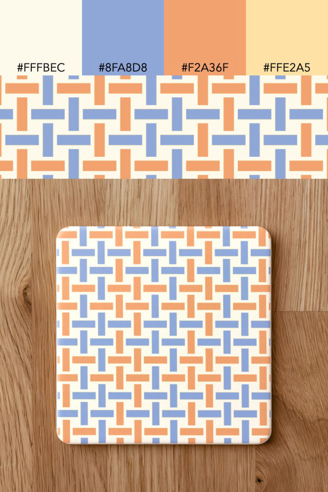 the colors one peachy-rose tile is drawn in, with their hex codes, and the tile printed on a coaster