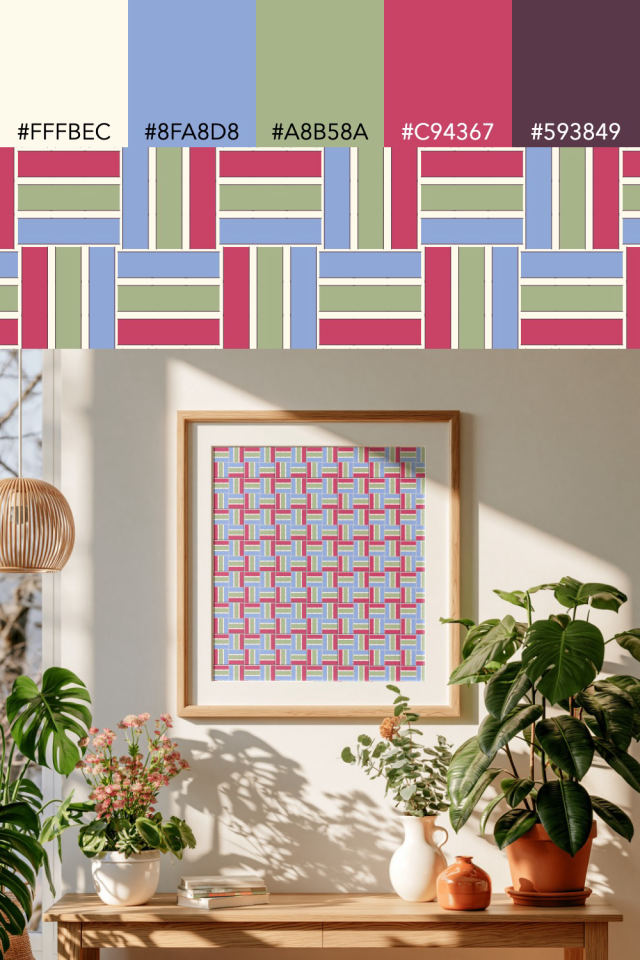 the colors one peachy-rose tile is drawn in, with their hex codes, and the tile printed on a frame