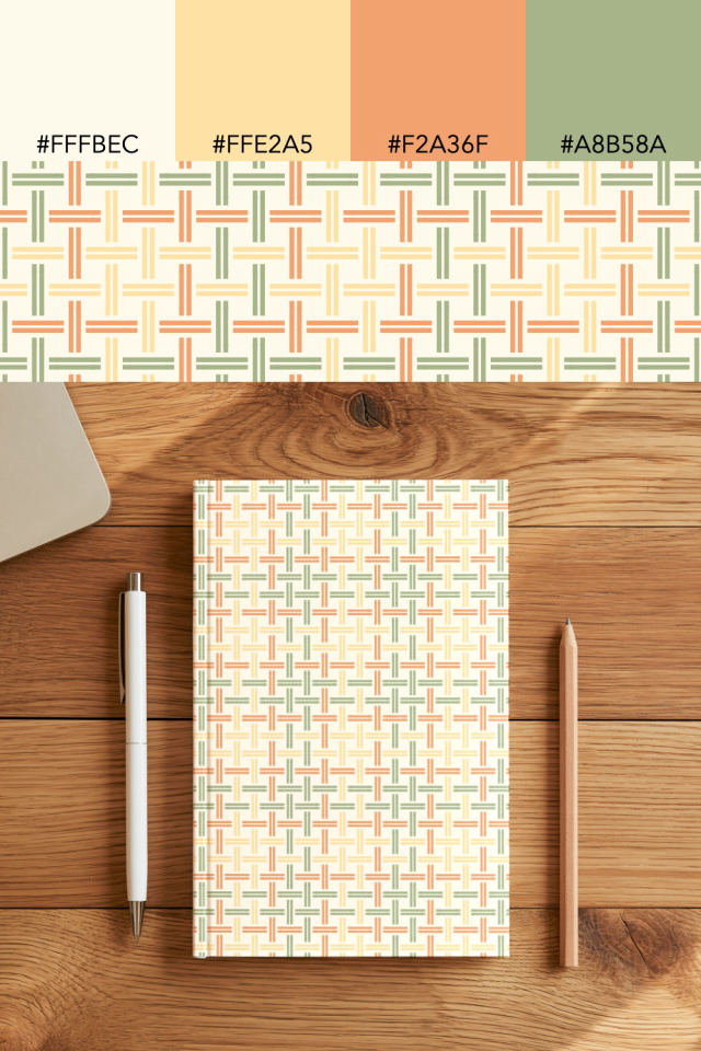 the colors one peachy-rose tile is drawn in, with their hex codes, and the tile printed on a notebook