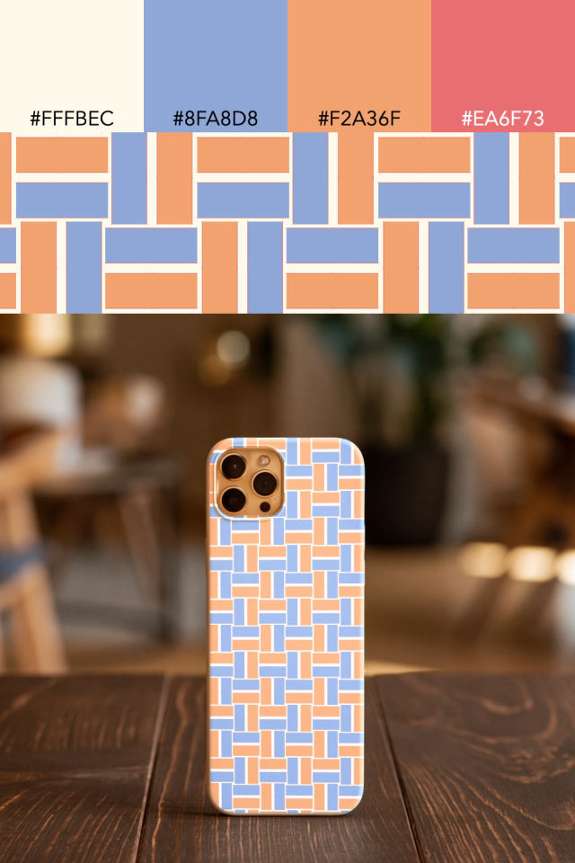 the colors one peachy-rose tile is drawn in, with their hex codes, and the tile printed on a phone case