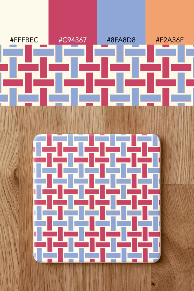the colors one peachy-rose tile is drawn in, with their hex codes, and the tile printed on a coaster