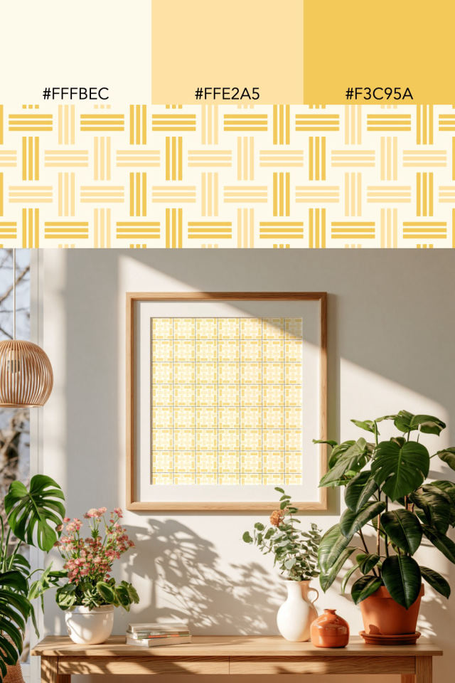 the colors one peachy-rose tile is drawn in, with their hex codes, and the tile printed on a frame