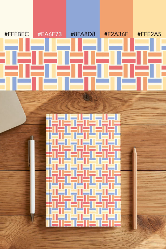 the colors one peachy-rose tile is drawn in, with their hex codes, and the tile printed on a notebook