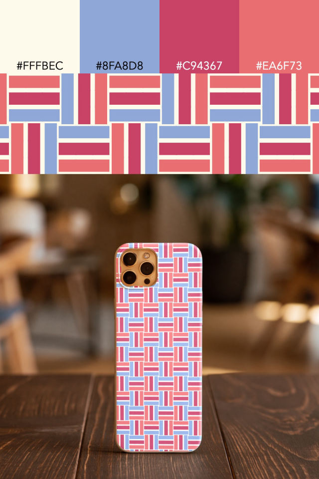 the colors one peachy-rose tile is drawn in, with their hex codes, and the tile printed on a phone case