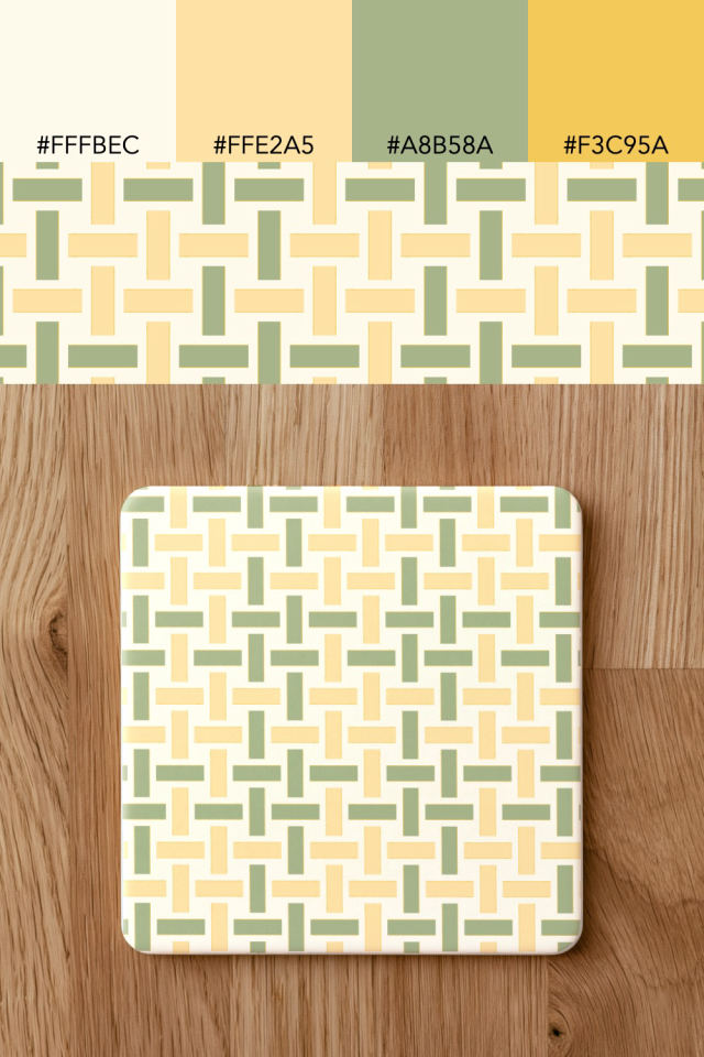 the colors one peachy-rose tile is drawn in, with their hex codes, and the tile printed on a coaster