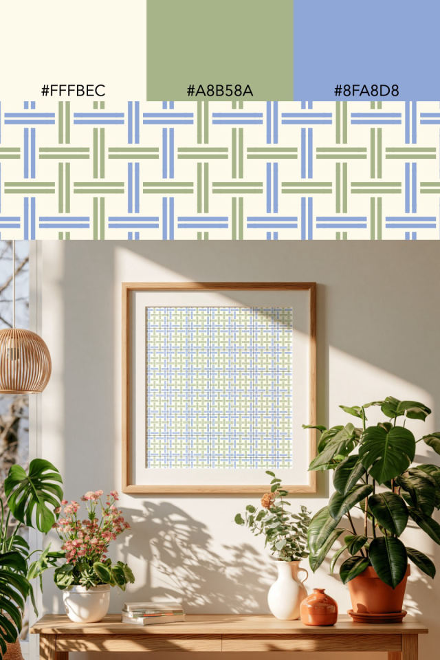the colors one peachy-rose tile is drawn in, with their hex codes, and the tile printed on a frame