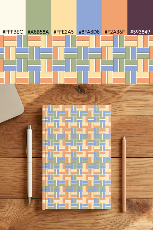 the colors one peachy-rose tile is drawn in, with their hex codes, and the tile printed on a notebook