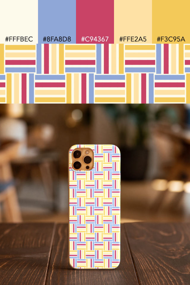 the colors one peachy-rose tile is drawn in, with their hex codes, and the tile printed on a phone case