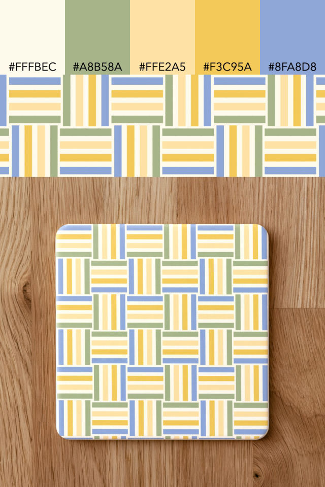 the colors one peachy-rose tile is drawn in, with their hex codes, and the tile printed on a coaster