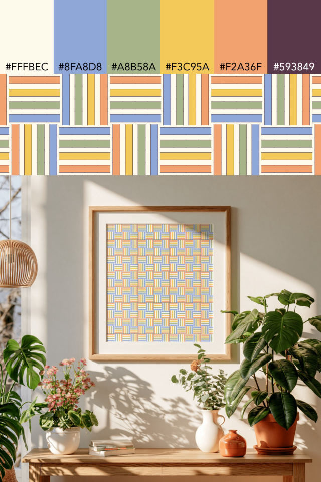 the colors one peachy-rose tile is drawn in, with their hex codes, and the tile printed on a frame