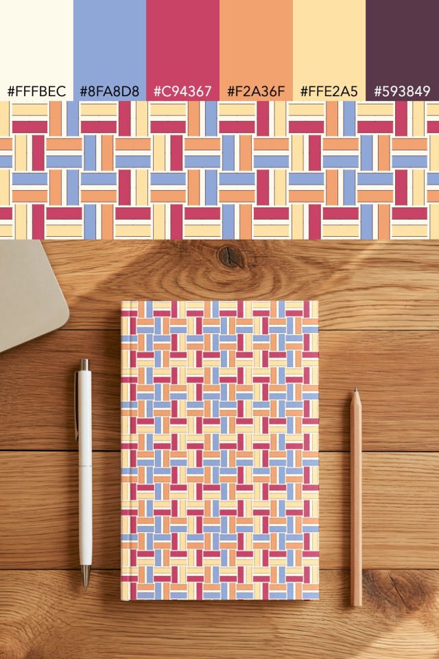the colors one peachy-rose tile is drawn in, with their hex codes, and the tile printed on a notebook