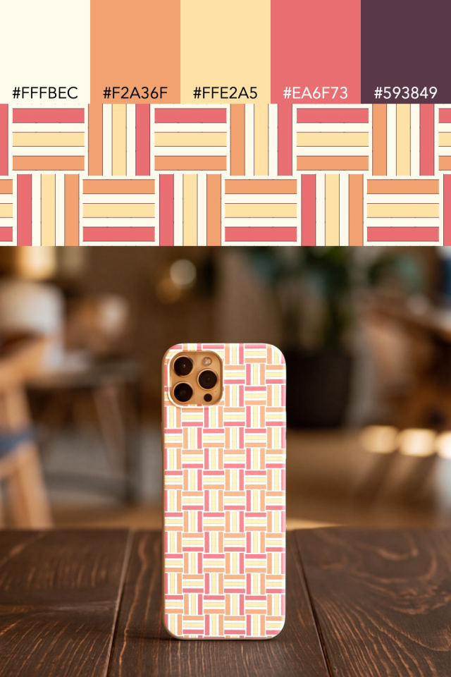 the colors one peachy-rose tile is drawn in, with their hex codes, and the tile printed on a phone case
