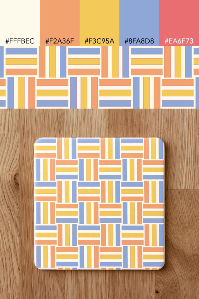 the colors one peachy-rose tile is drawn in, with their hex codes, and the tile printed on a coaster