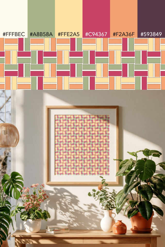 the colors one peachy-rose tile is drawn in, with their hex codes, and the tile printed on a frame