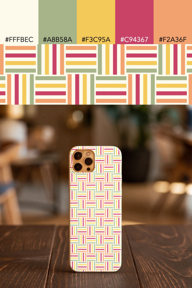 the colors one peachy-rose tile is drawn in, with their hex codes, and the tile printed on a phone case