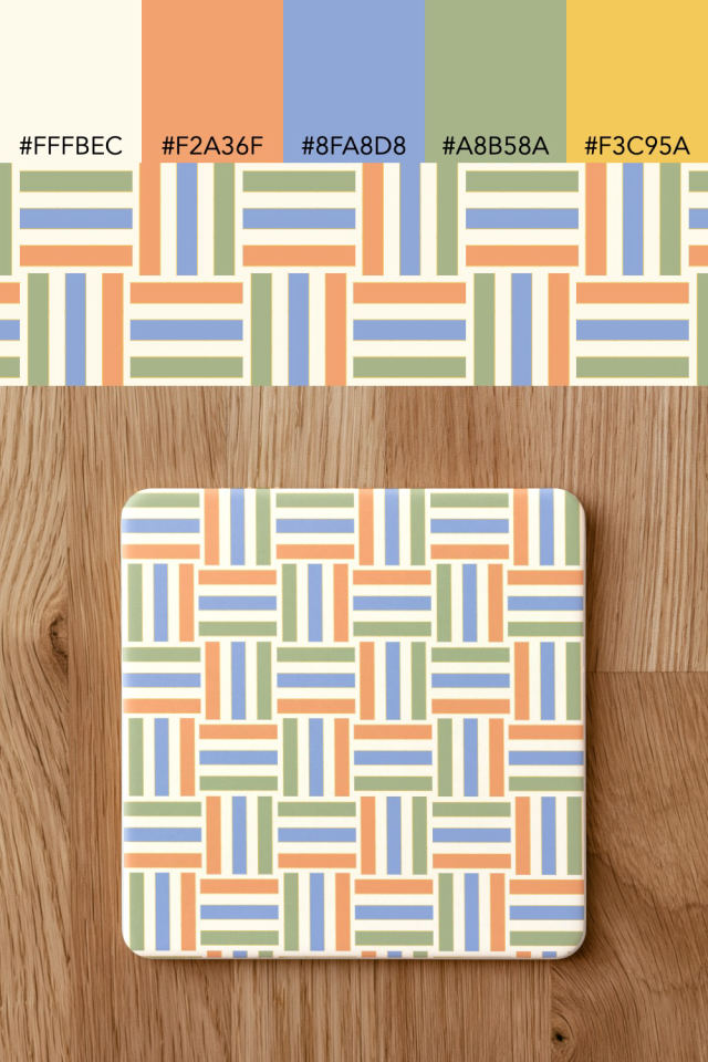 the colors one peachy-rose tile is drawn in, with their hex codes, and the tile printed on a coaster