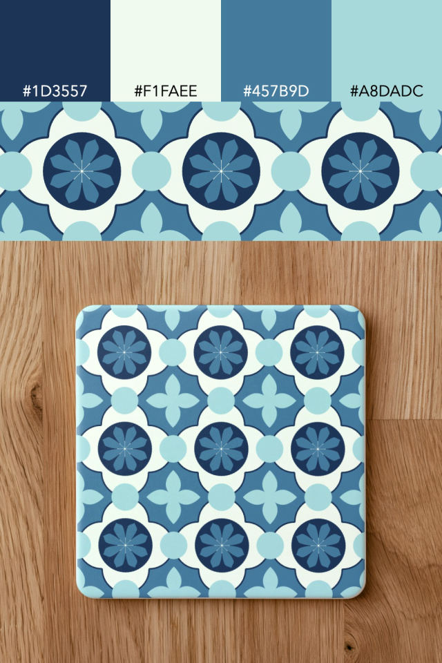 the colors one mediterranean tile is drawn in, with their hex codes, and the tile printed on a coaster